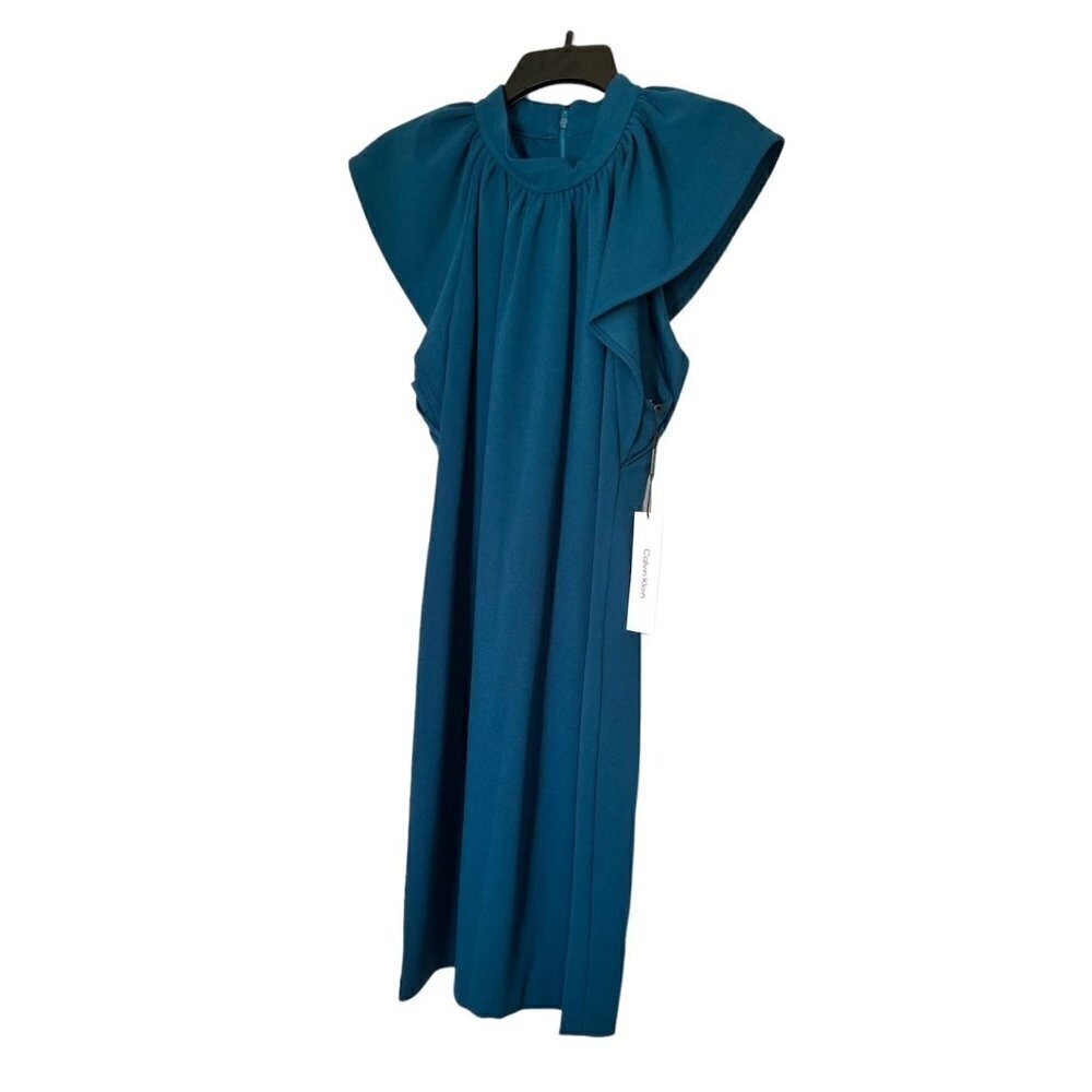 Calvin Klein Womens Teal High Neck Short Flutter Sleeve Shift Dress Sz 14 New - Picture 6 of 9